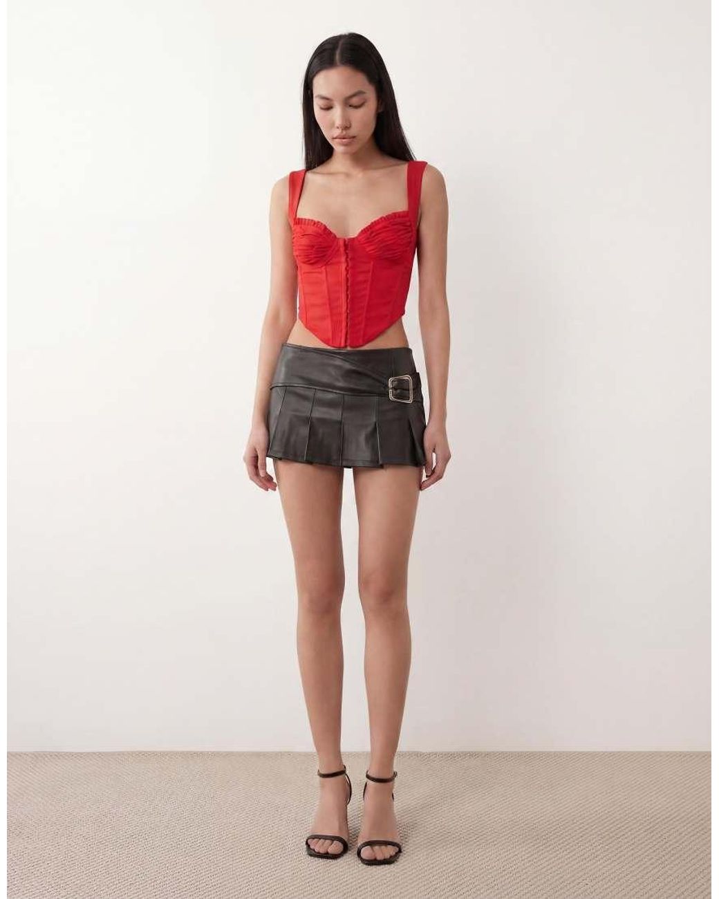 I.AM.GIA Black Desmina Leather Look Buckle Detail Pleated Mini Skirt