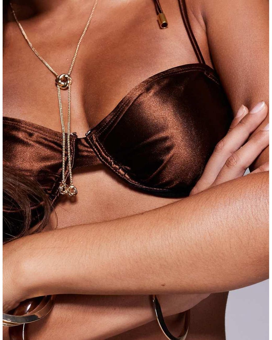 SIMMI Brown Rayos Satin Ruched Bikini Top