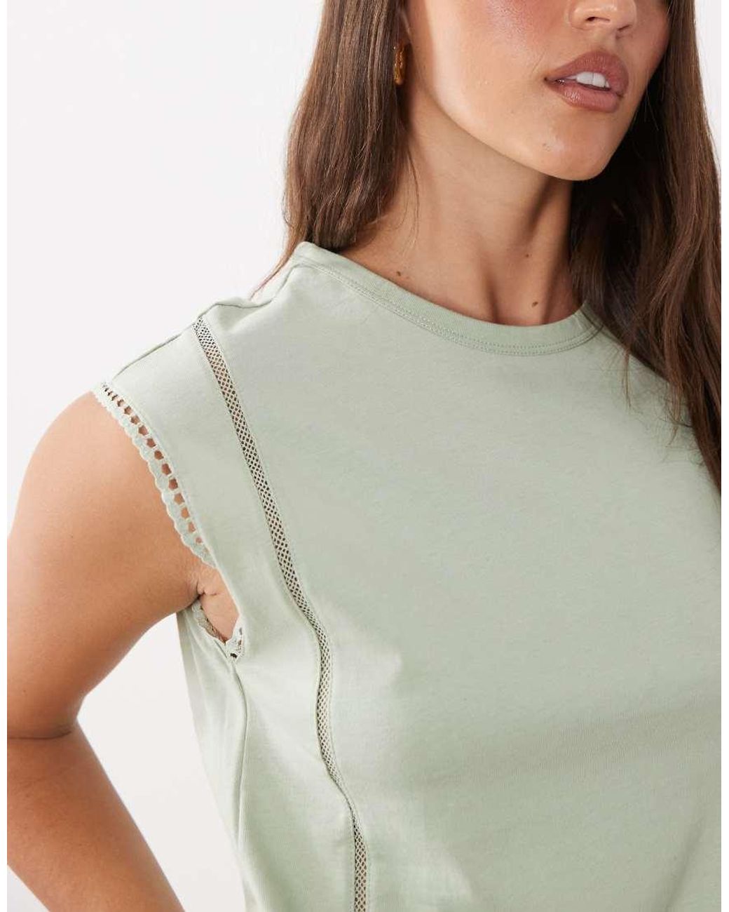 Mango Green Cap Sleeve Round Neck Embroidered Detail T-shirt