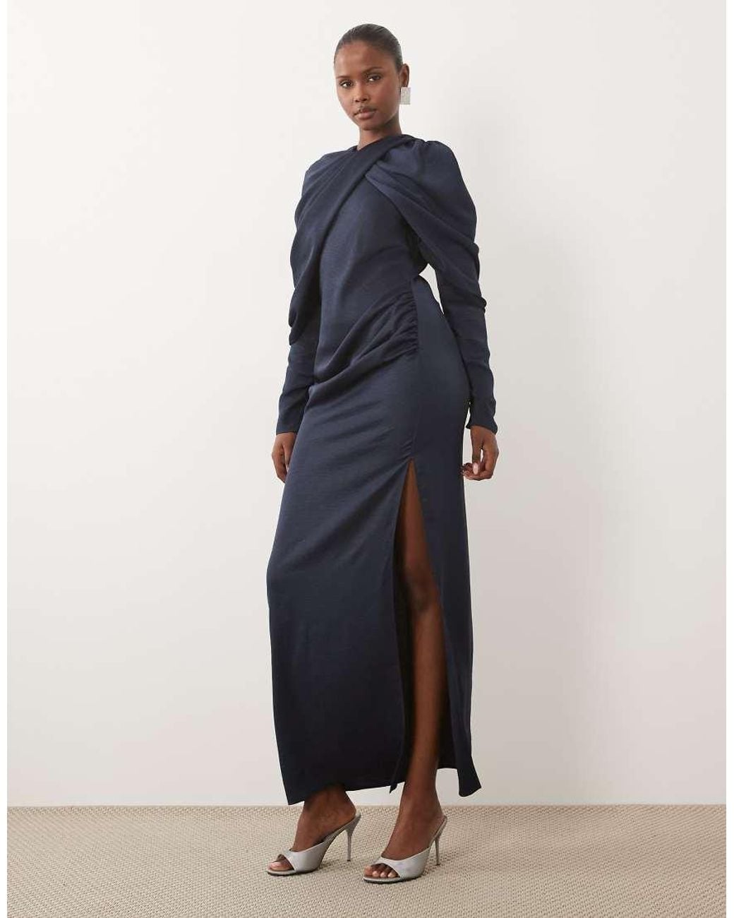 ASOS Blue Cross Neck Gathered Maxi Dress With Draped Sleeves