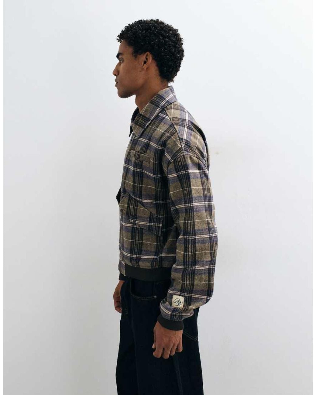 Reclaimed Vintage Blue Boxy Check Zip Through Jacket With Rib Cuff Detail for men