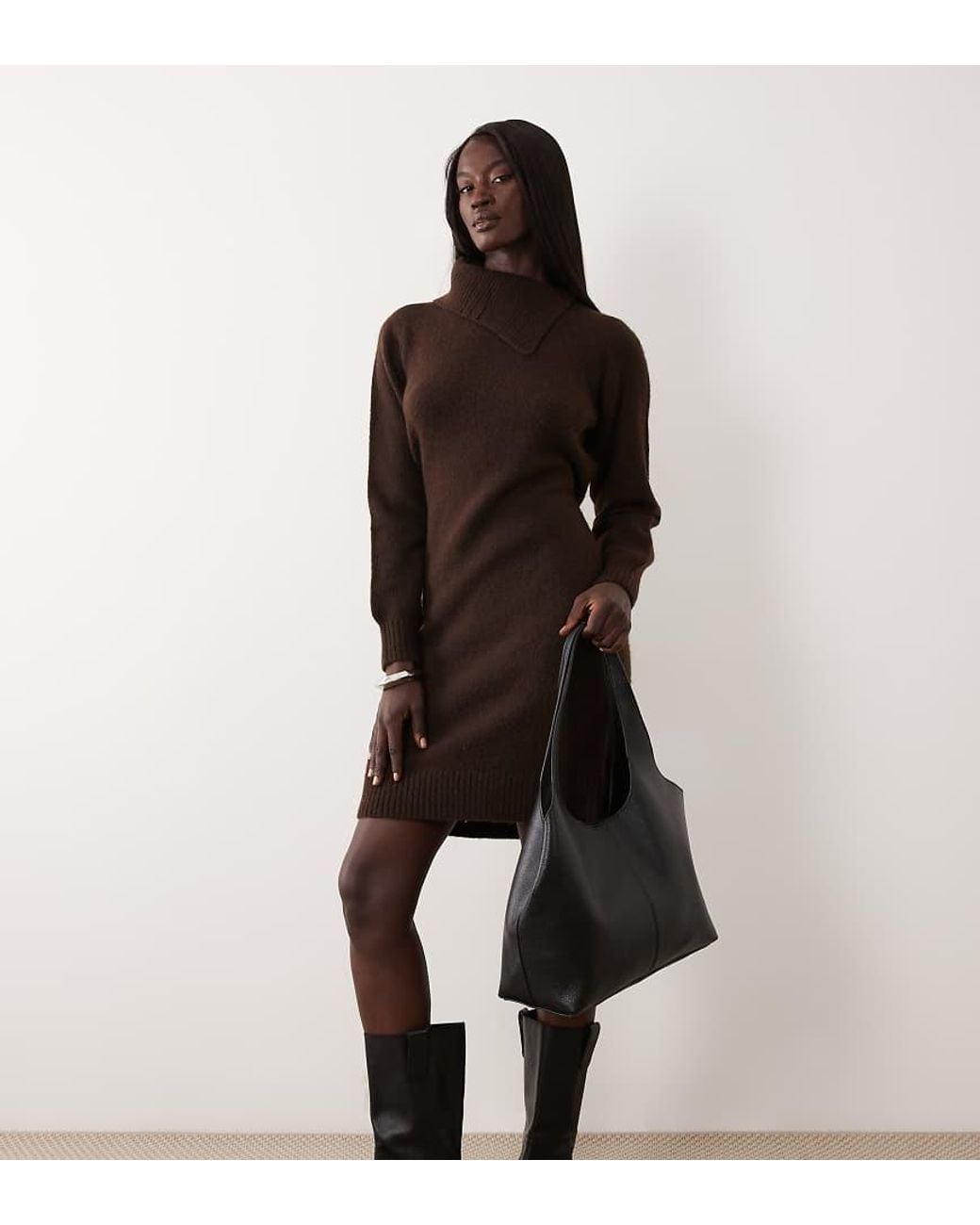 Vero Moda Brown Long Sleeve Split Neck Knitted Mini Dress With Tie Waist