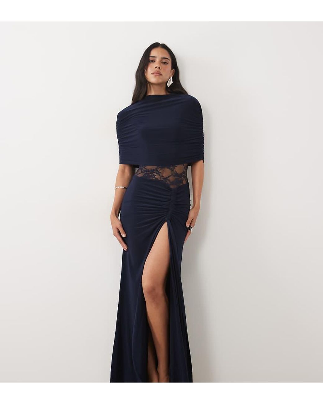 Kaiia Blue Exclusive Double Layered Slinky High Neck Cape Lace Insert Detail Thigh Split Maxi Dress