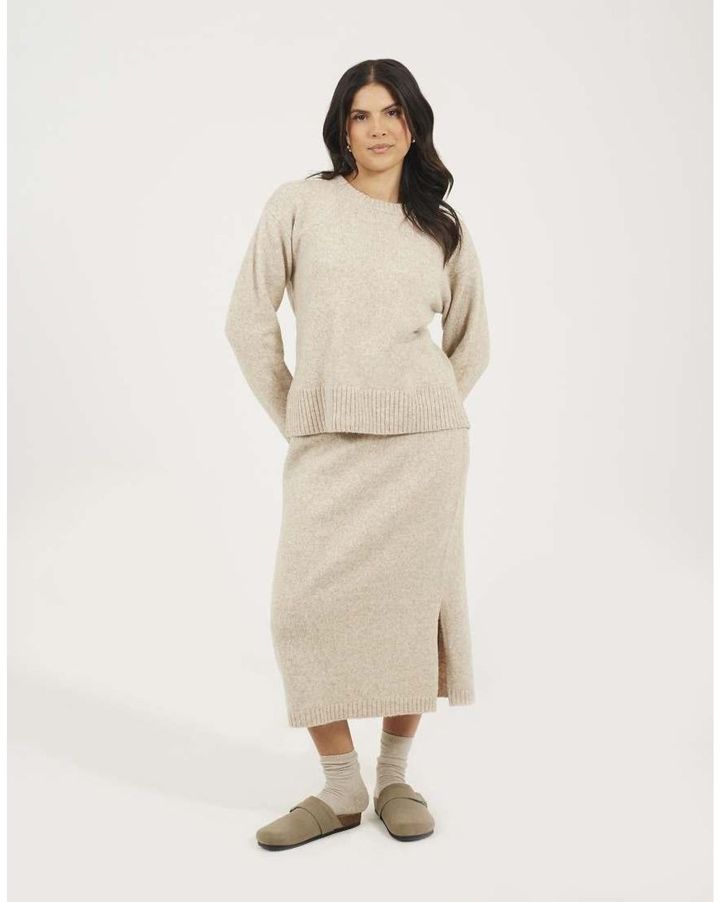 Brave Soul Natural Knitted Jumper And Midi Skirt Set