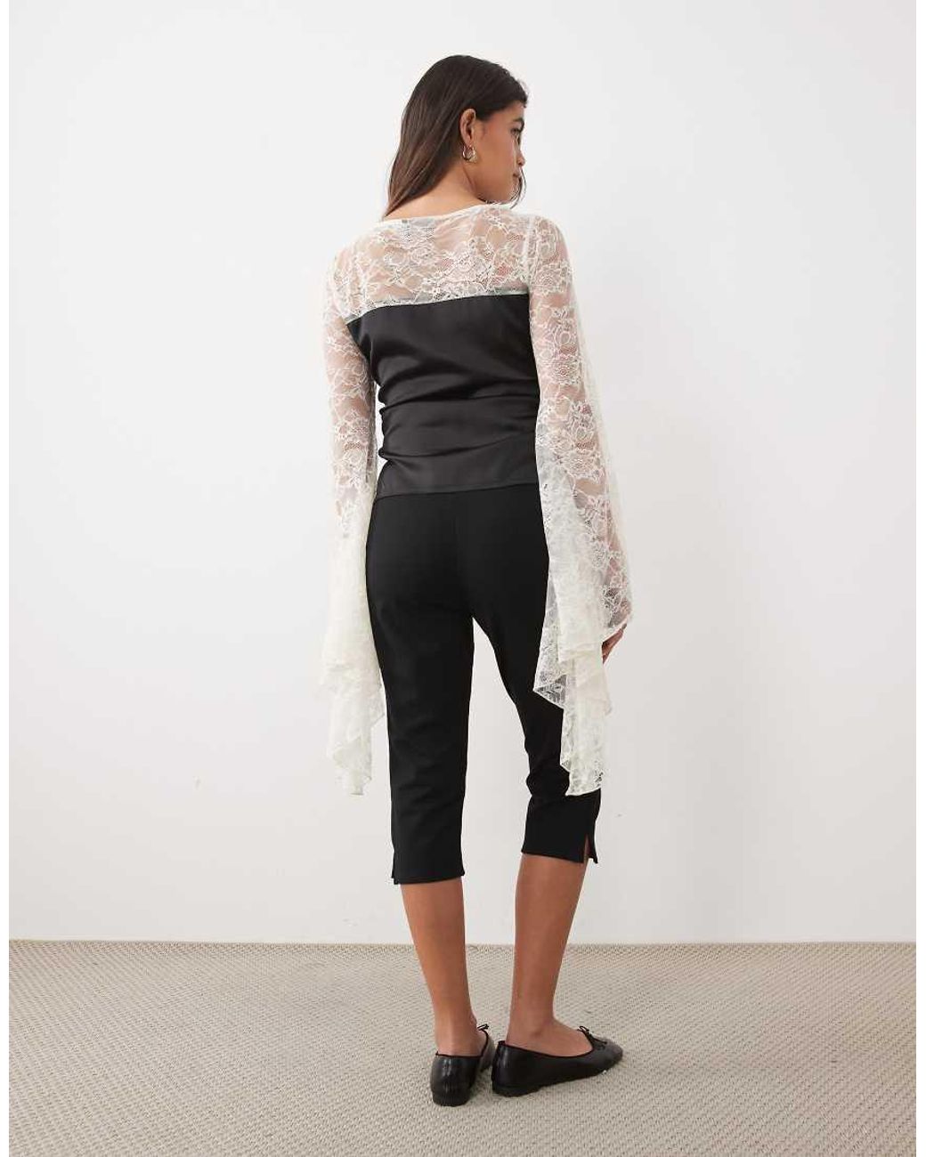 ASOS Black Satin Top With Lace Panel And Exaggerated Sleeve