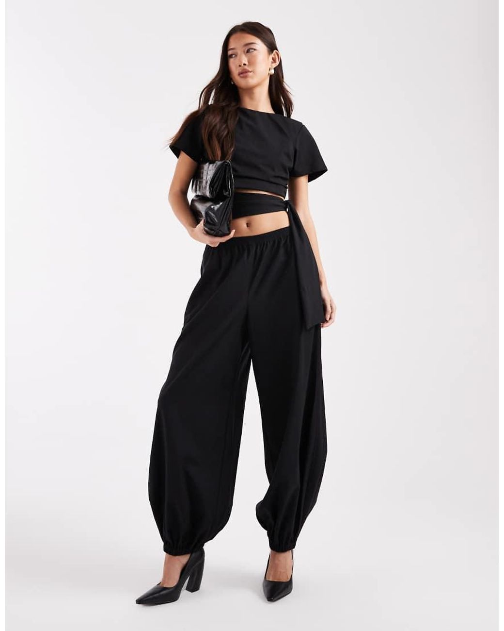 ASOS Black Crop T-shirt With Shoulder Pads And Tie Side Waist