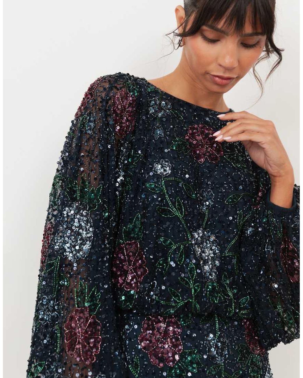 Maya Blue Embellished Round Neck Long Blouson Sleeve Maxi Dress