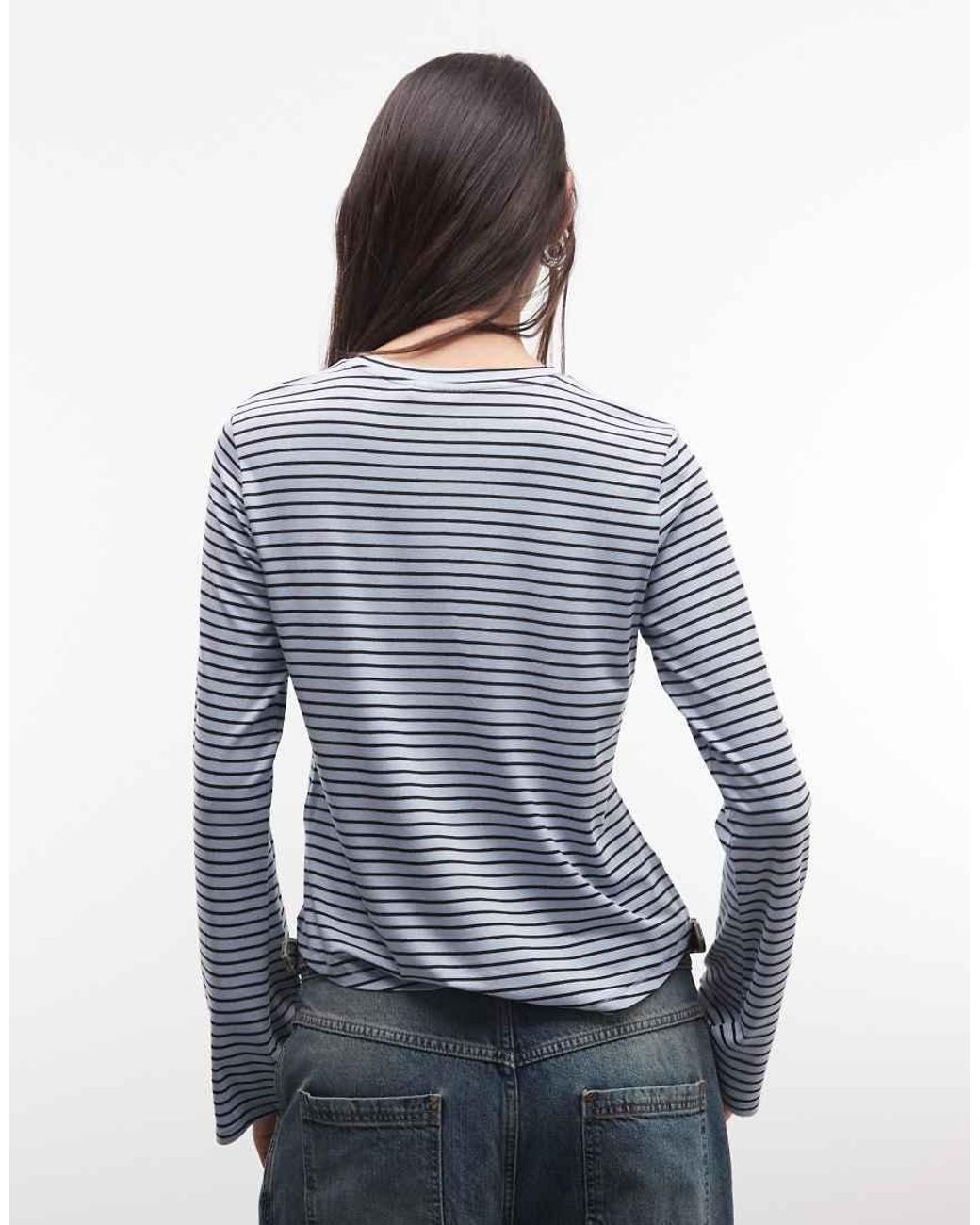 Monki Blue Long Fluted Sleeve Stripe Jersey Top