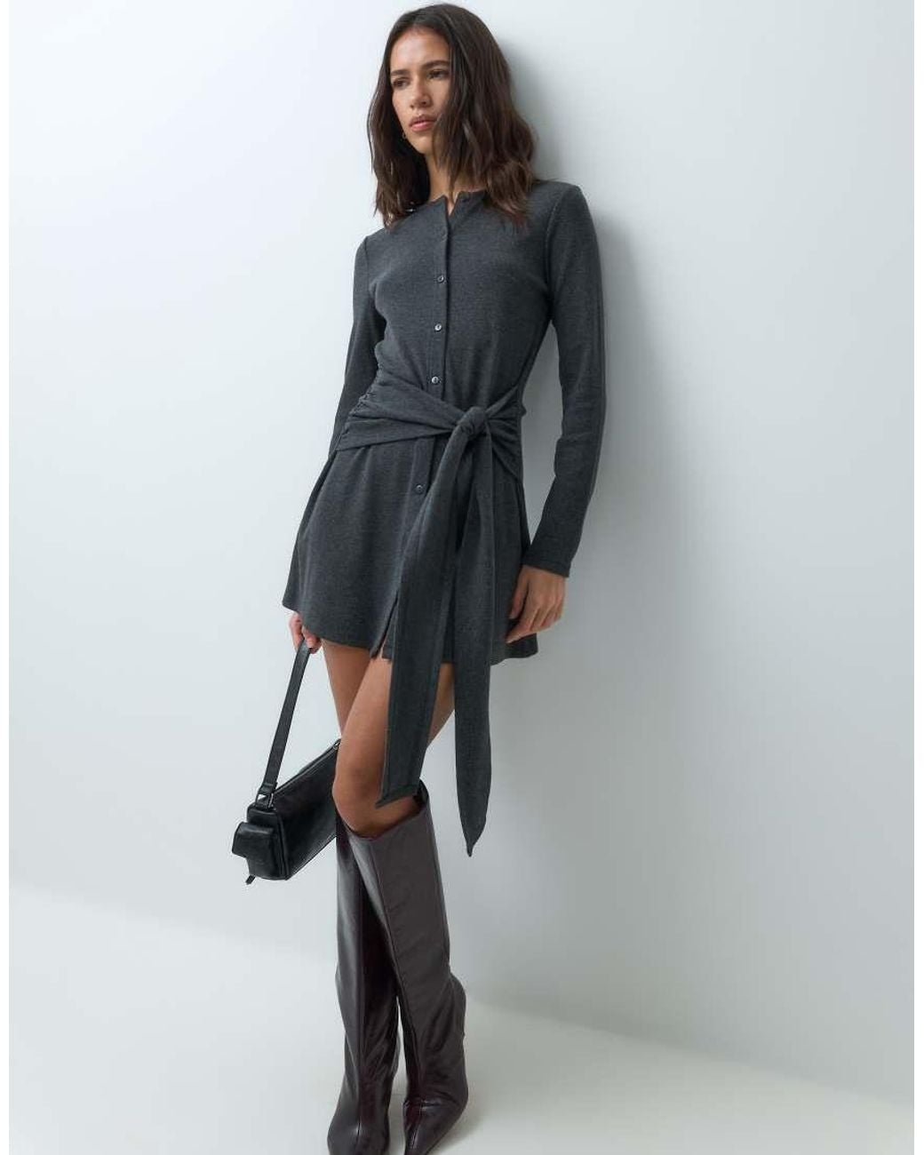 ASOS Gray Knotted Waist Detail Long Sleeve Dress