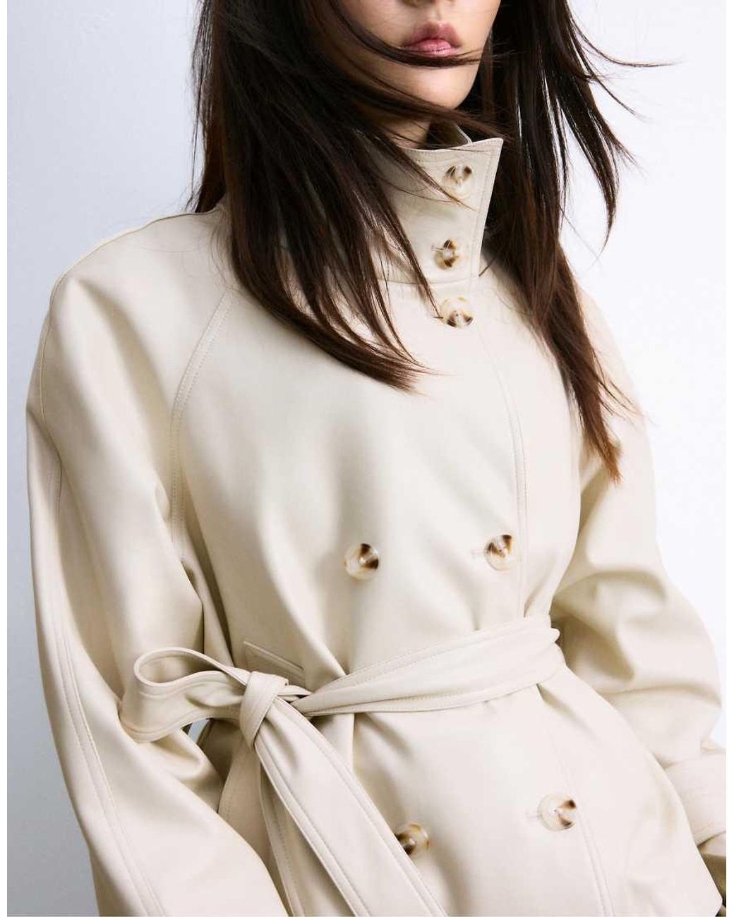 Stradivarius Gray High Neck Leather Effect Trench Coat