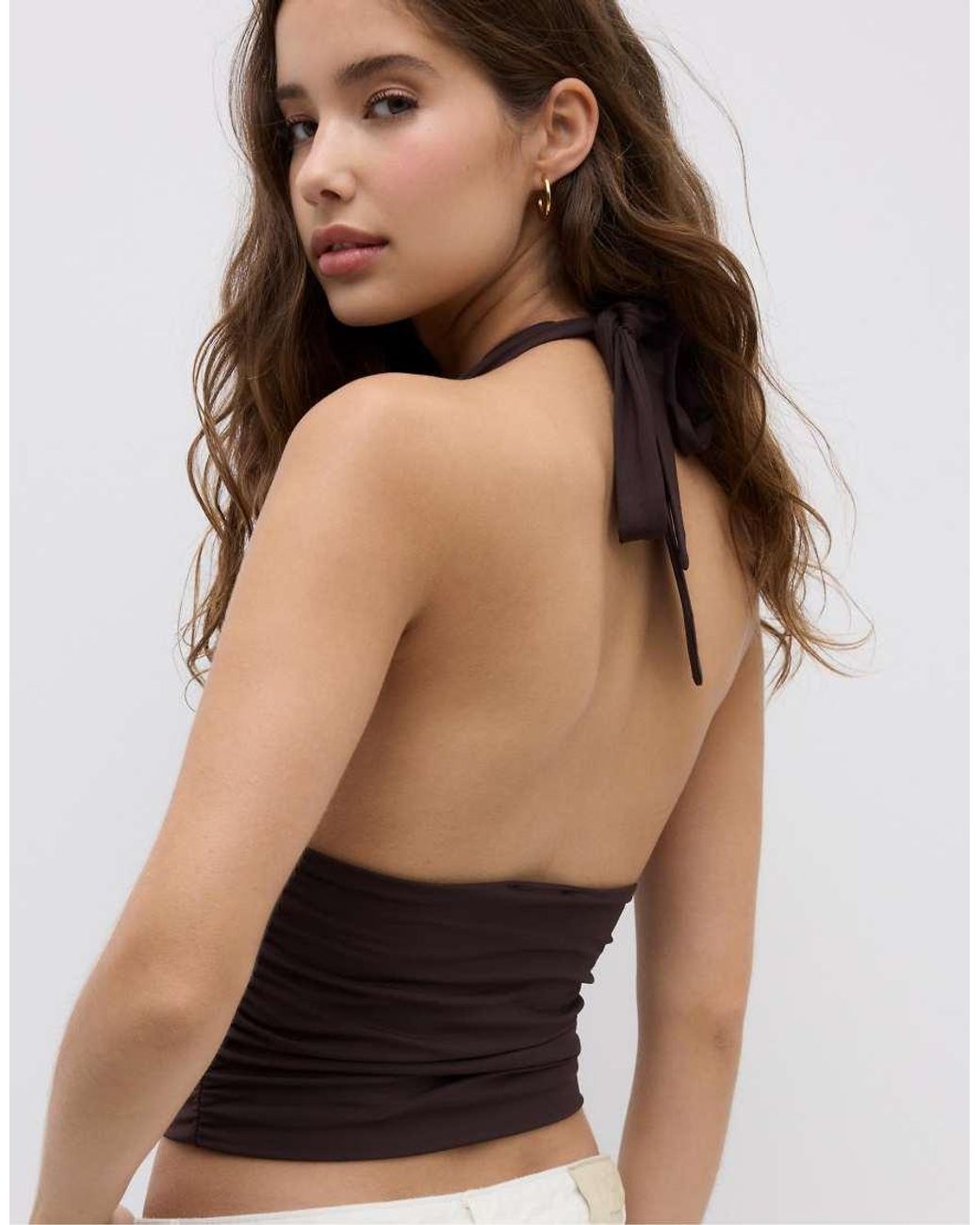 Stradivarius White Gathered Halter Top