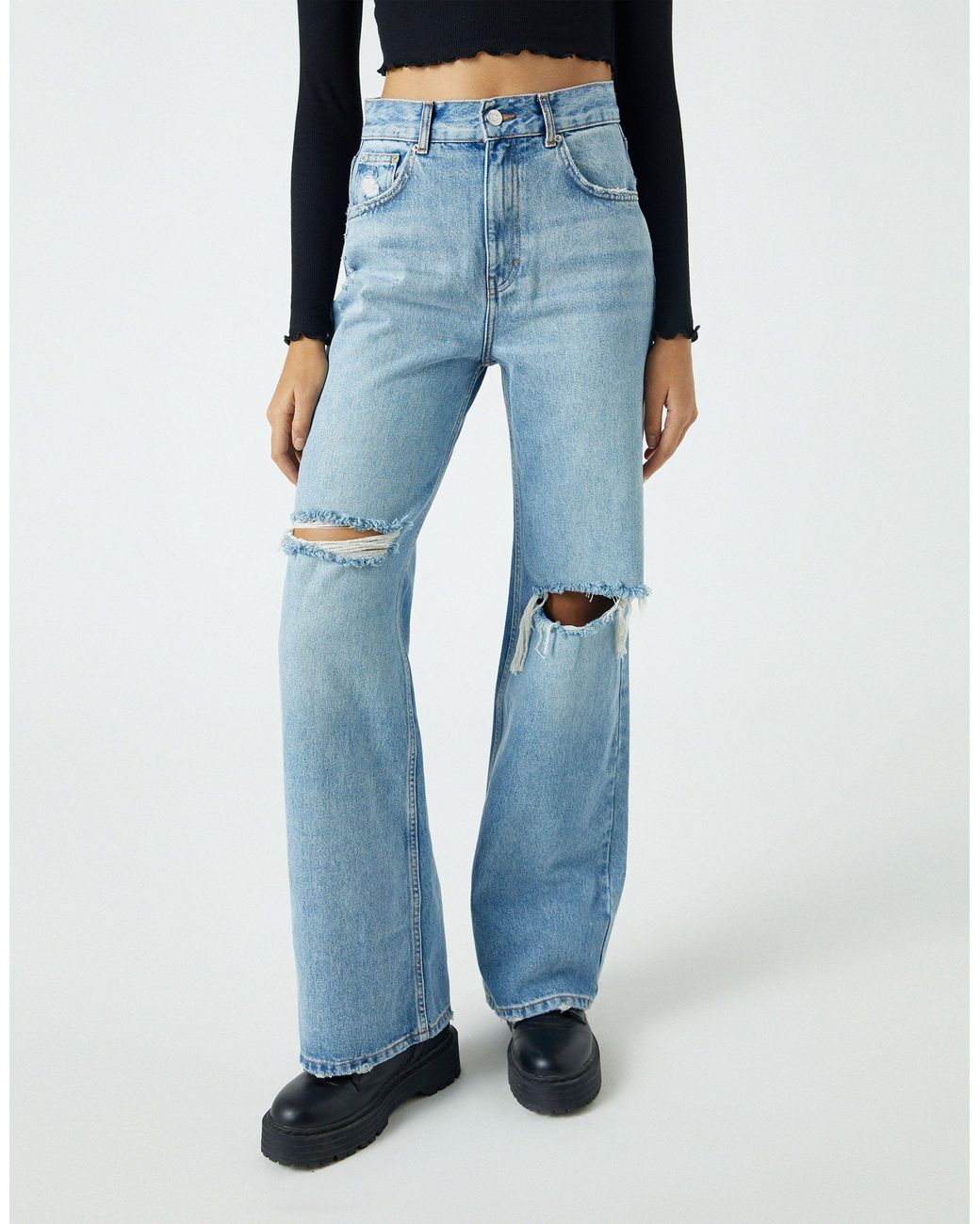 Pull&Bear mid rise wide leg jean in dirty wash blue