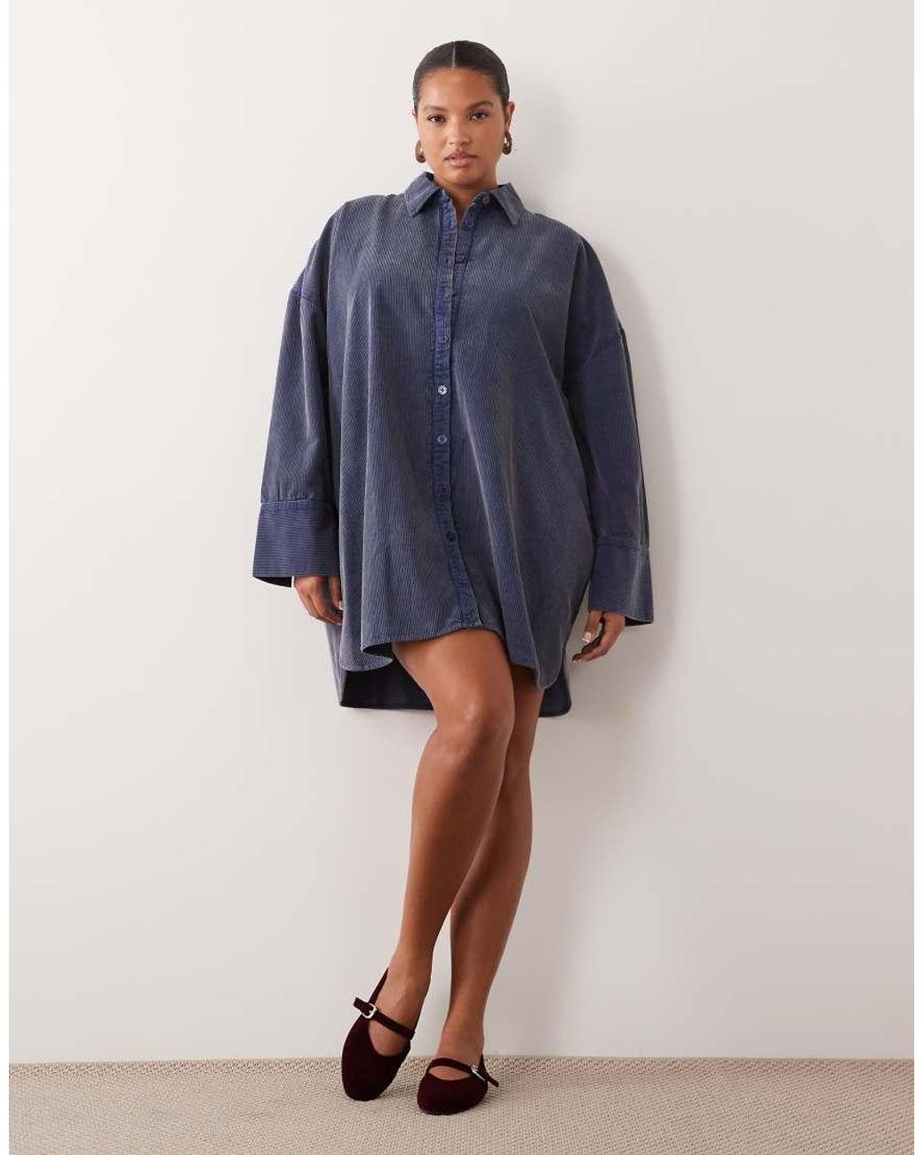 ASOS Blue Asos Design Curve Oversized Cord Shirt Mini Dress