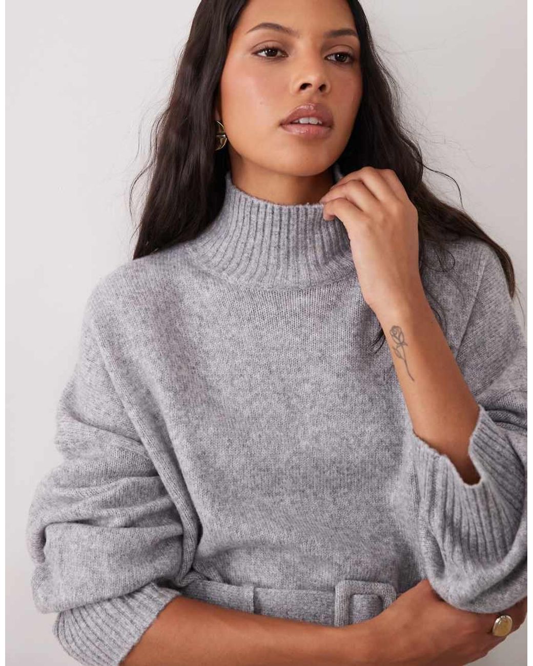 ASOS Brown Knit Wide Belt Funnel Neck Jumper