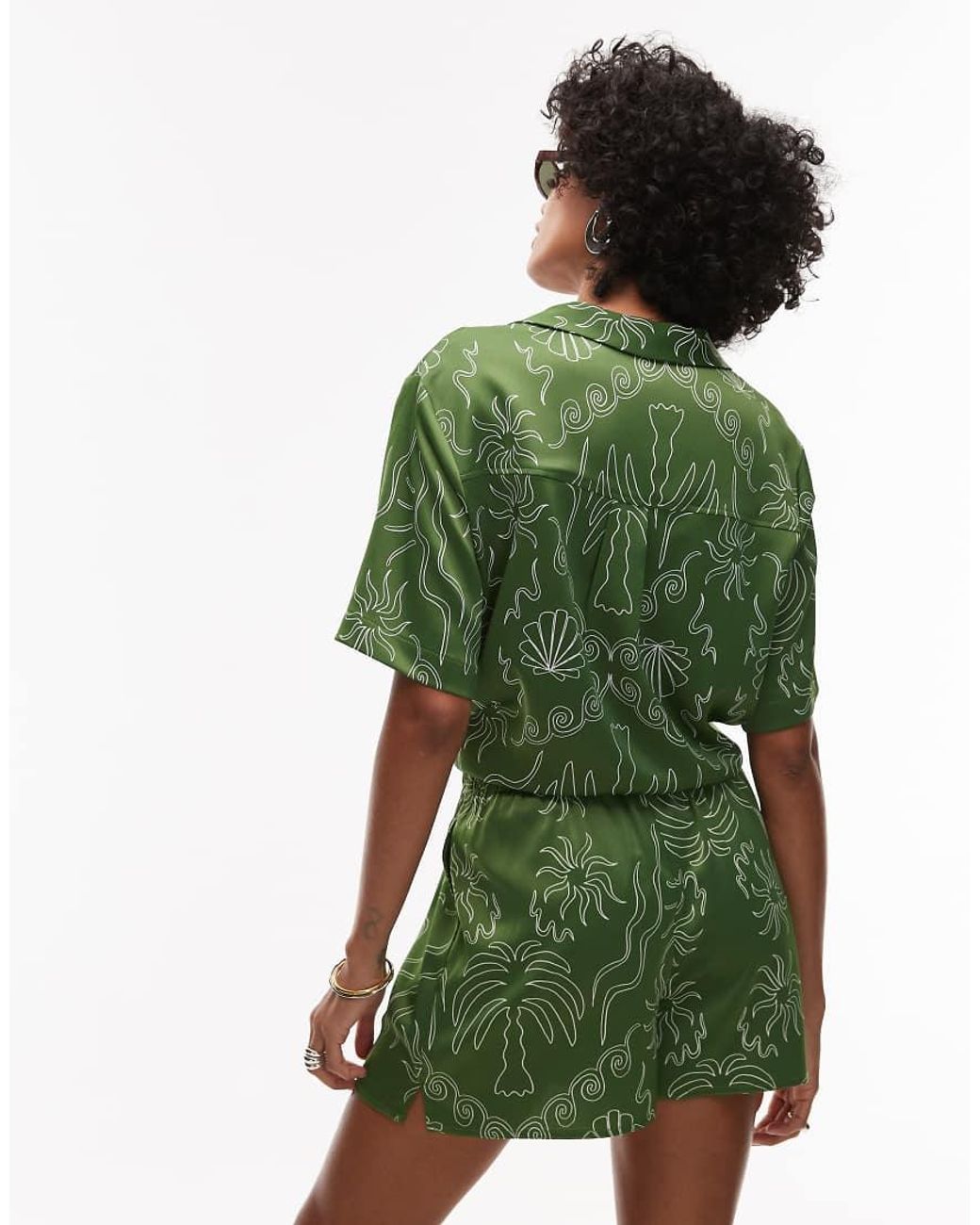 TOPSHOP Green Satin Palm Tree Shorts