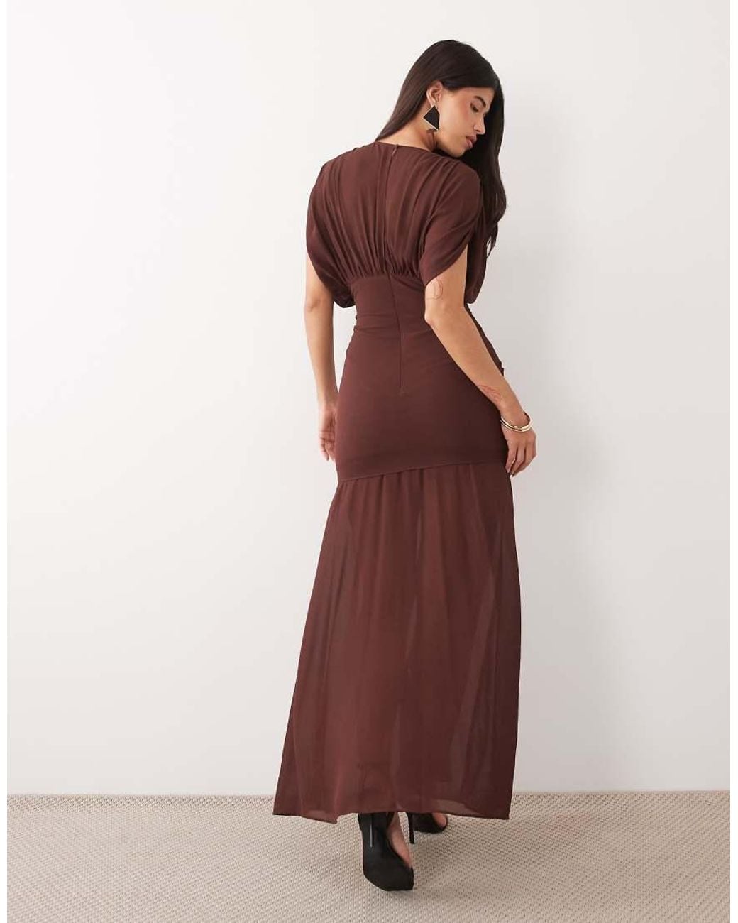 TFNC London Brown Chiffon Gathered Waist Sheer Drop Hem Maxi Dress