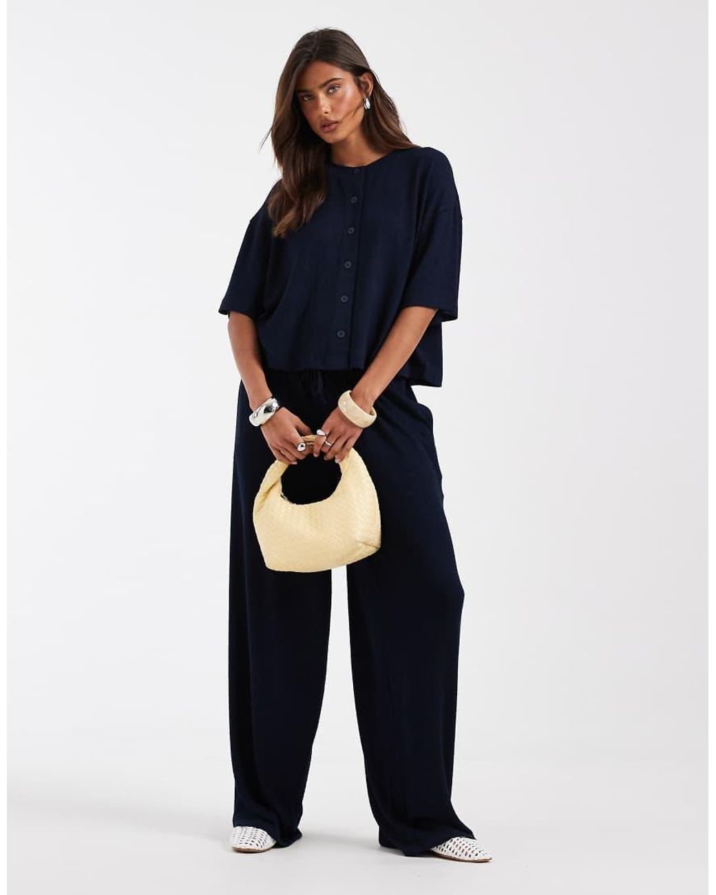 ASOS Blue Textured Knit Boxy Crop Button Down Top