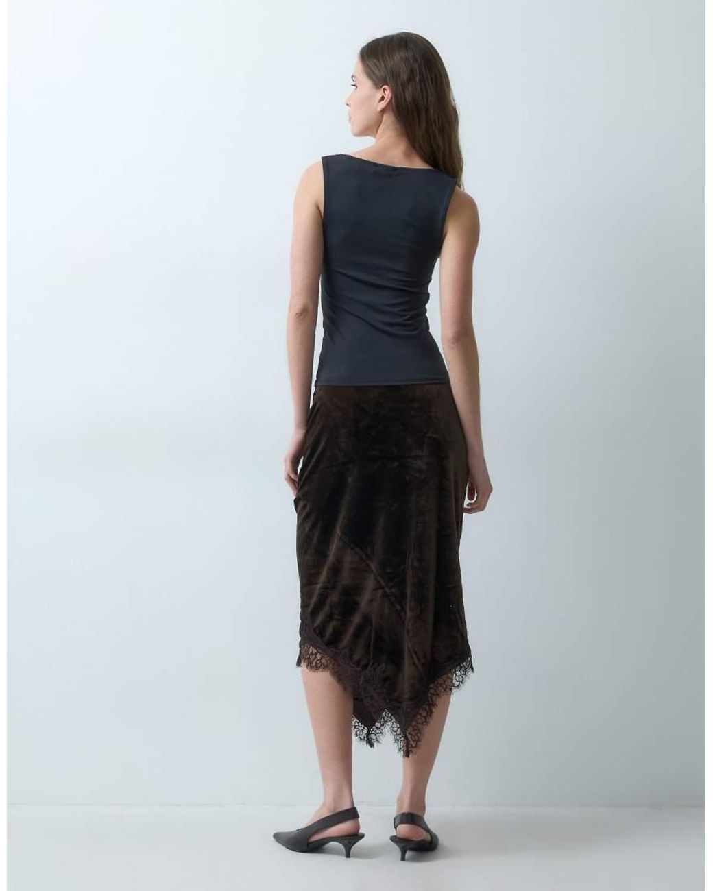 Vila Multicolor Asymmetric Hem Velvet Midi Skirt With Lace Trim