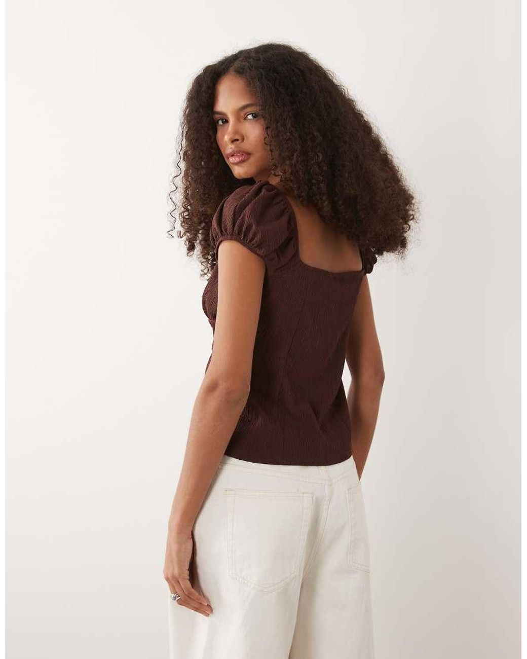 ASOS Brown Textured Puff Sleeve With Tie Up Detail Top
