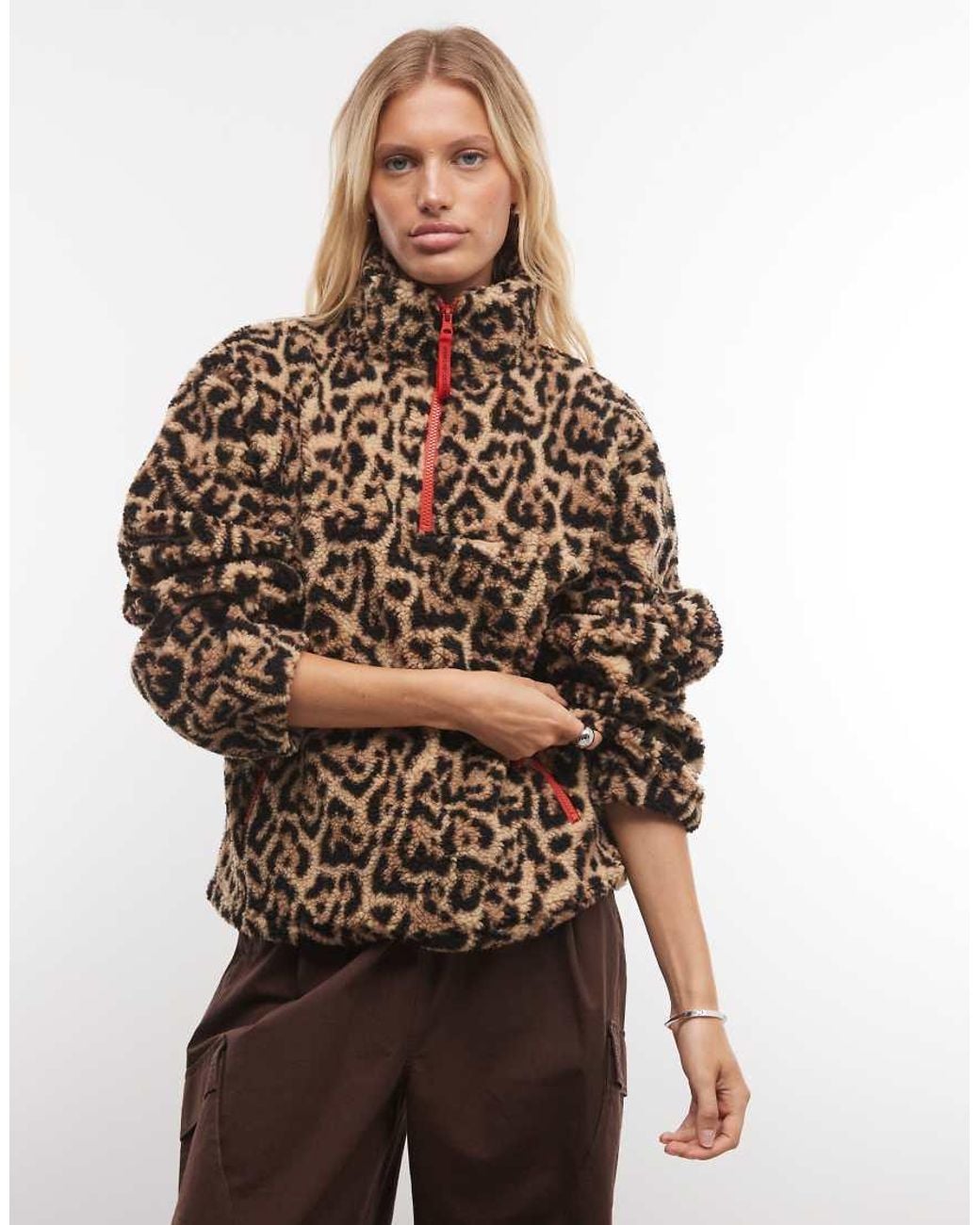 ASOS Brown Weekend Collective Half Zip Borg Fleece With Red Contrast Detail