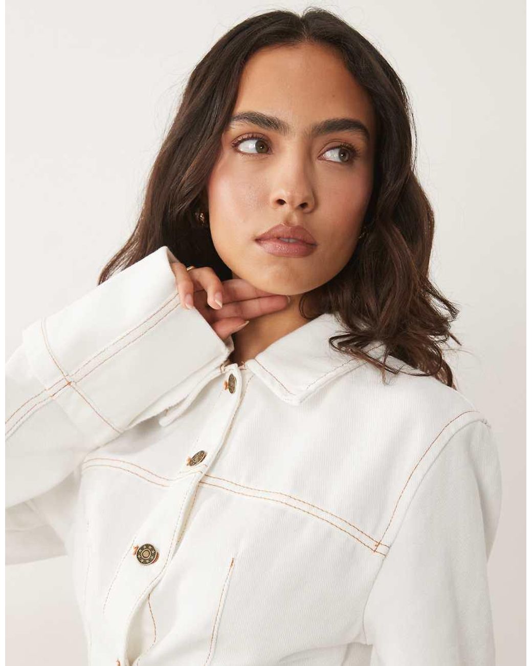 Lioness White The Bronx Cotton Fitted Wide Cuff Detail Cinch Back Denim Jacket Co-ord