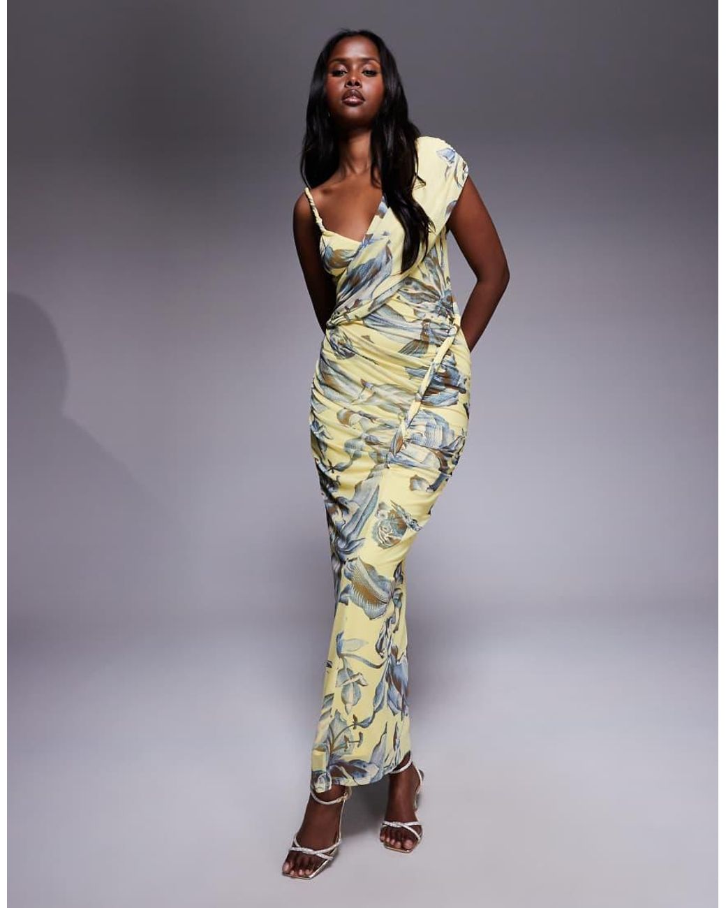 ASOS Blue Printed Mesh One Shoulder Ruched Maxi Dress