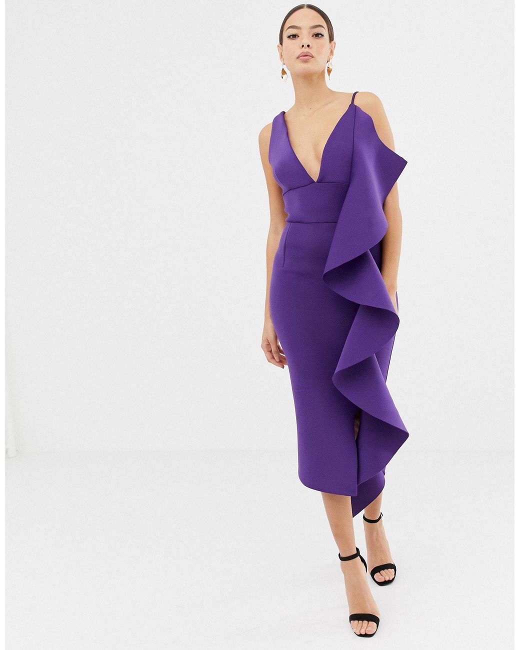 Lavish Alice Draped Frill Scuba Midi Dress In Purple | Lyst