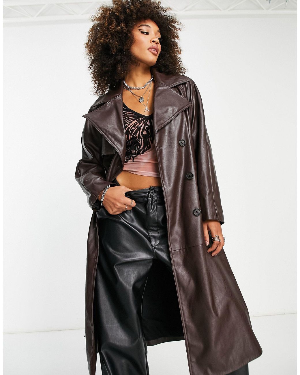 Bershka Faux Leather Trench Coat in Brown