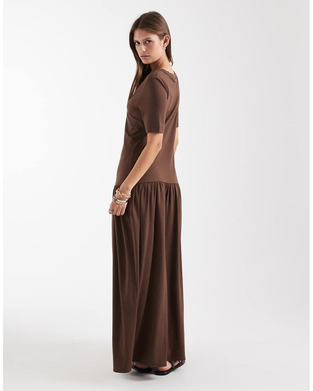 & Other Stories Brown Dropped Waist Midi Dress With Scoop Neck
