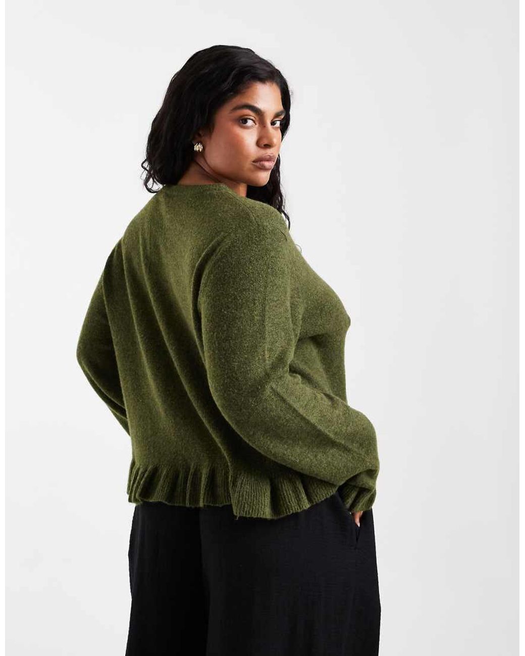 Pieces Plus Green Pieces Curve Frill Cuff Button-detail Cardigan