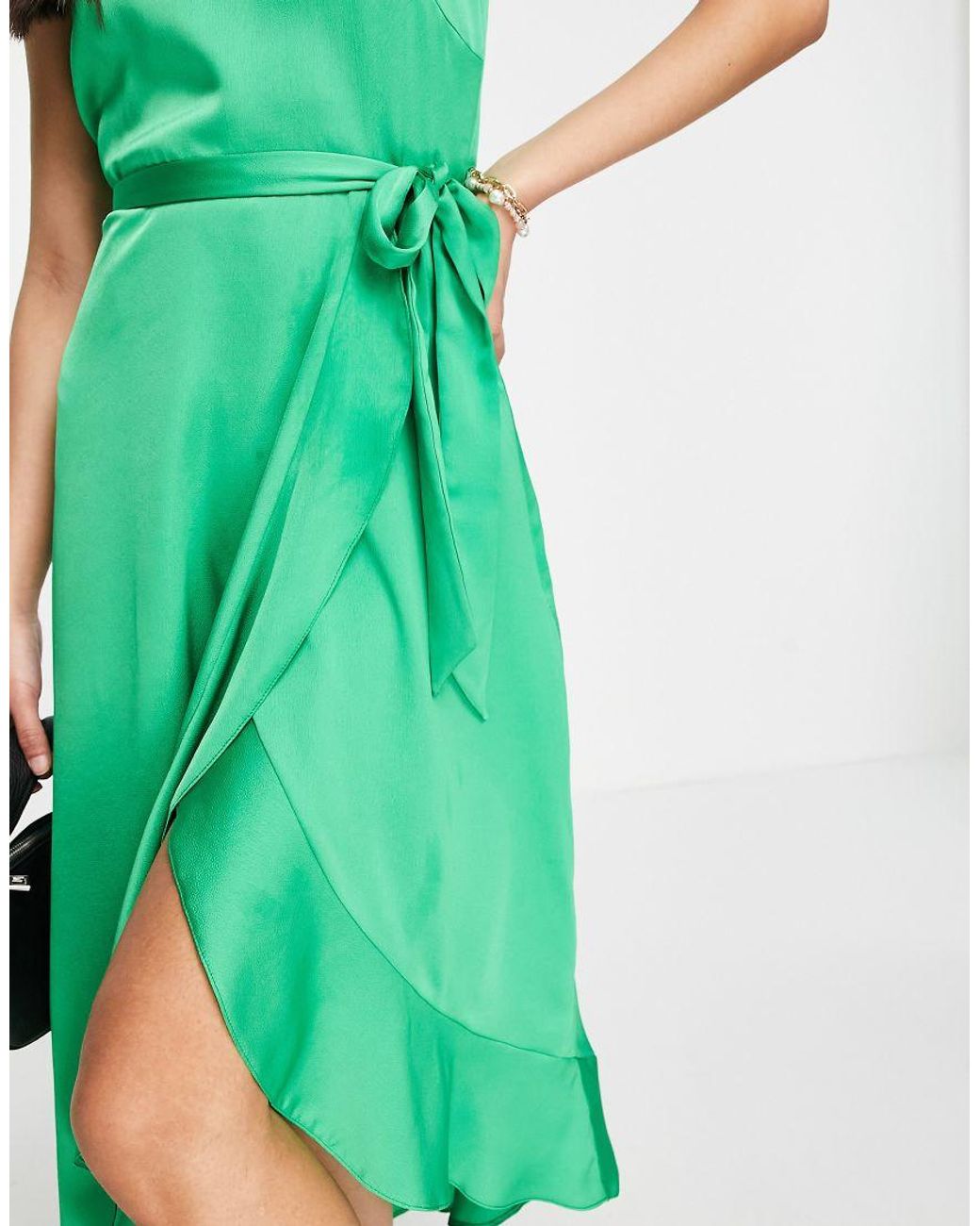 New Look Green Square Neck Belted Satin Midi Dress