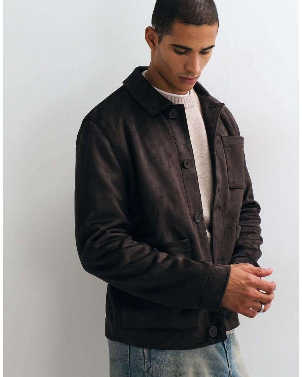 Threadbare Blue Faux Suede Button Up Collared Jacket for men