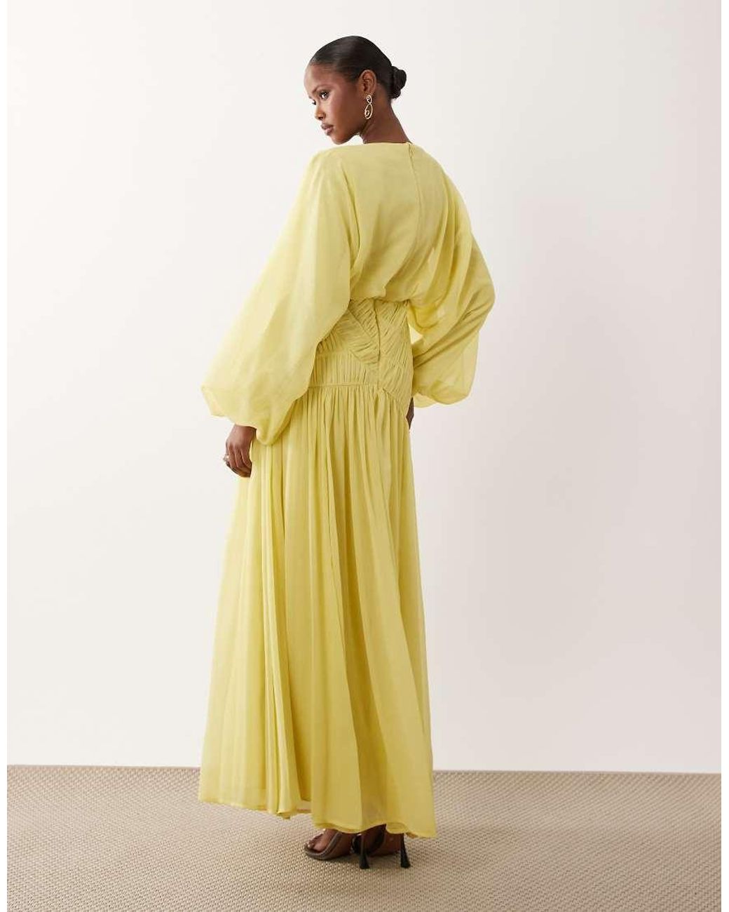 ASOS Yellow Long Sleeve Blouson Maxi Dress With Gauged Ruched Waist Detail
