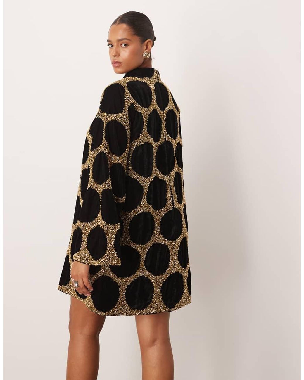 ARRANGE Black Curve Embellished Spot Long Sleeve Mini Dress