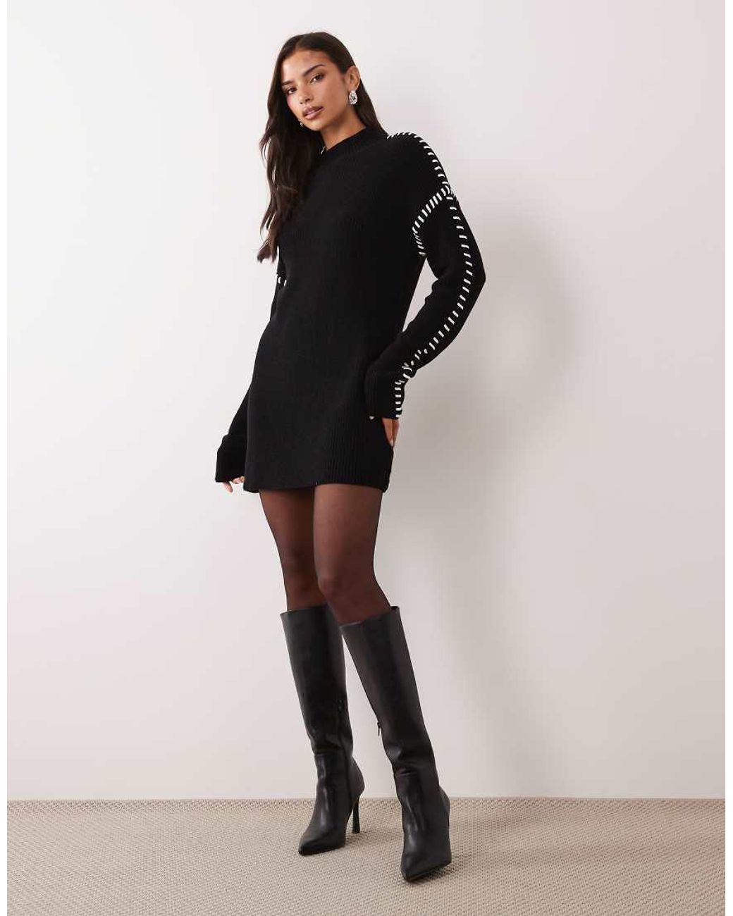 Aria Cove Black Knitted Oversized Contrast Stitch Mini Jumper Dress