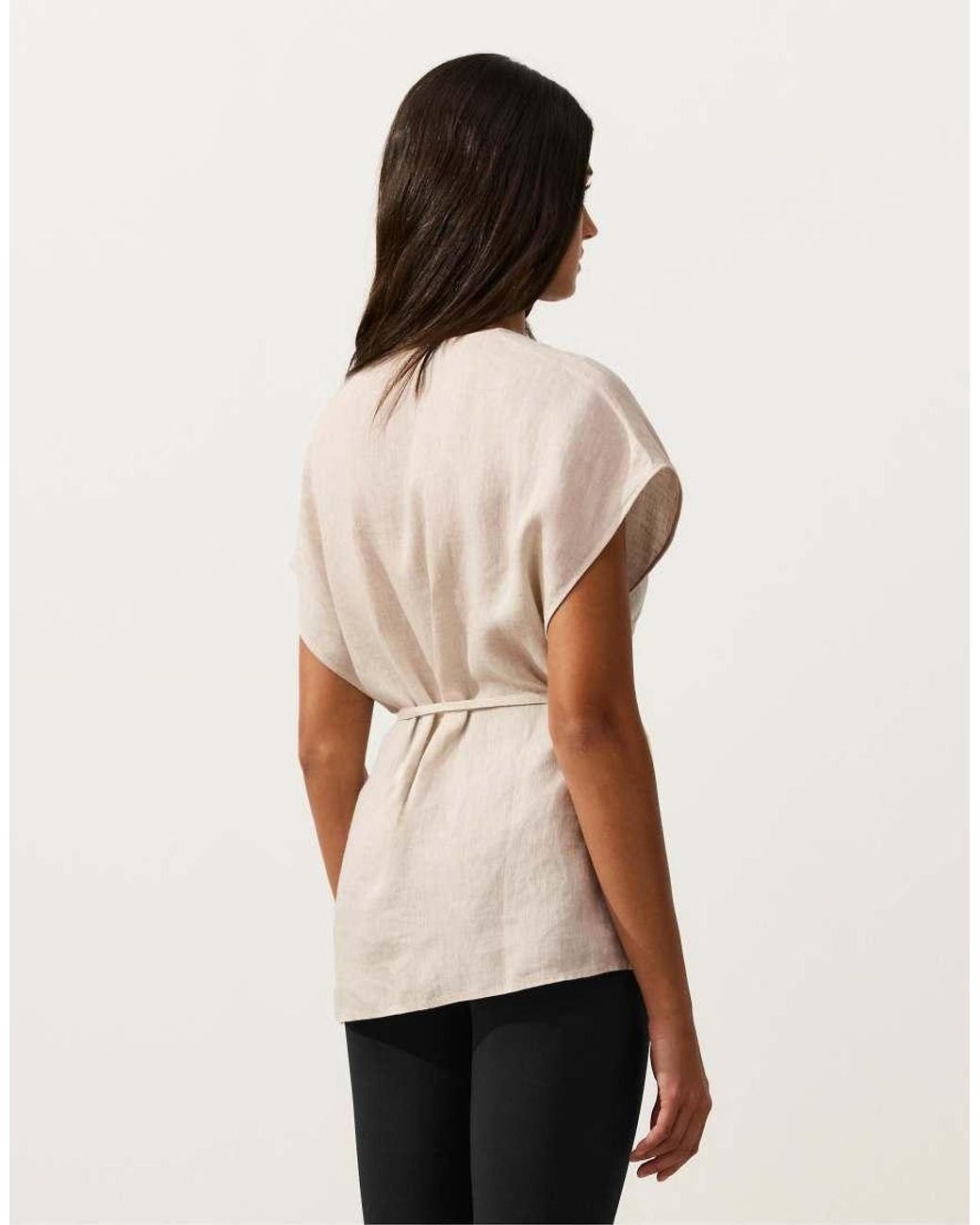 Oysho Natural 100% Linen Wrap Tie Shirt