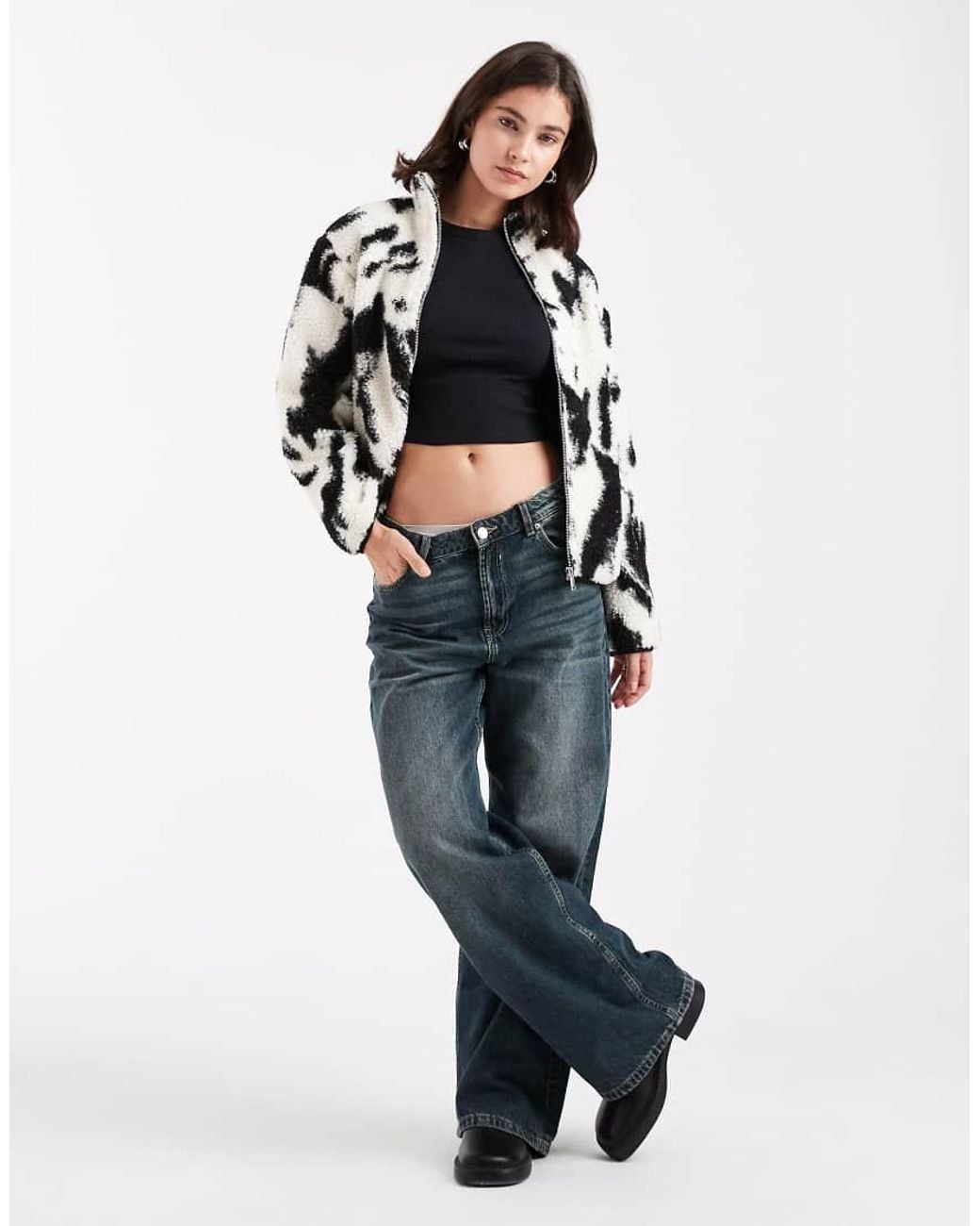New Look White Abstract Print Borg Jacket