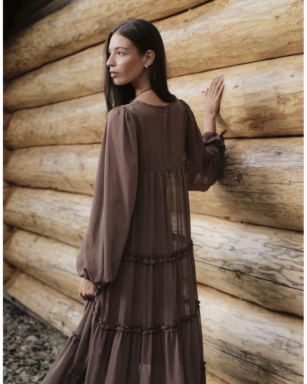 Daisy Street Natural Boho Chiffon Midi Dress With Ruffle Detailing