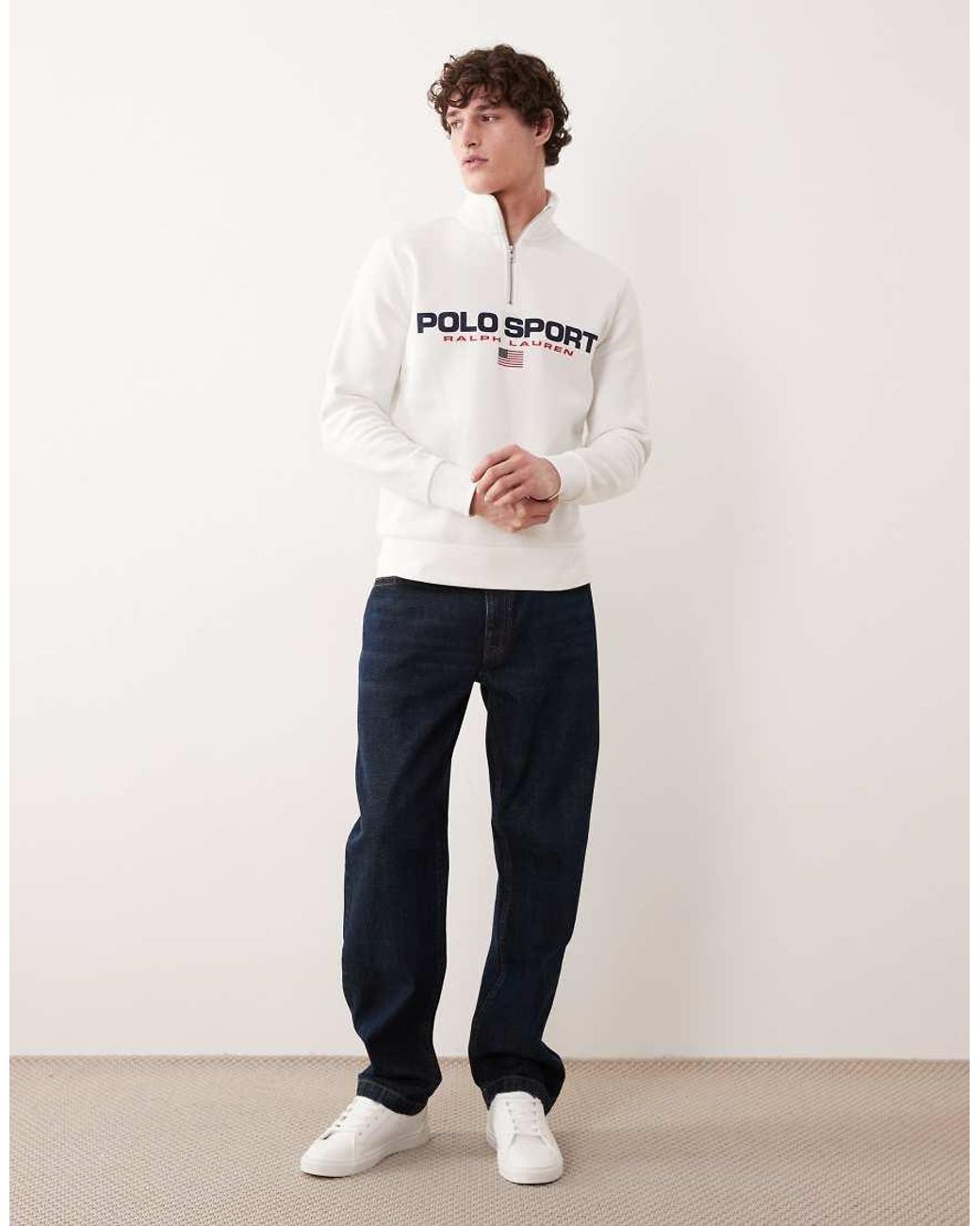 Polo Ralph Lauren Natural Sport Flag Logo Quarter Zip Sweatshirt for men