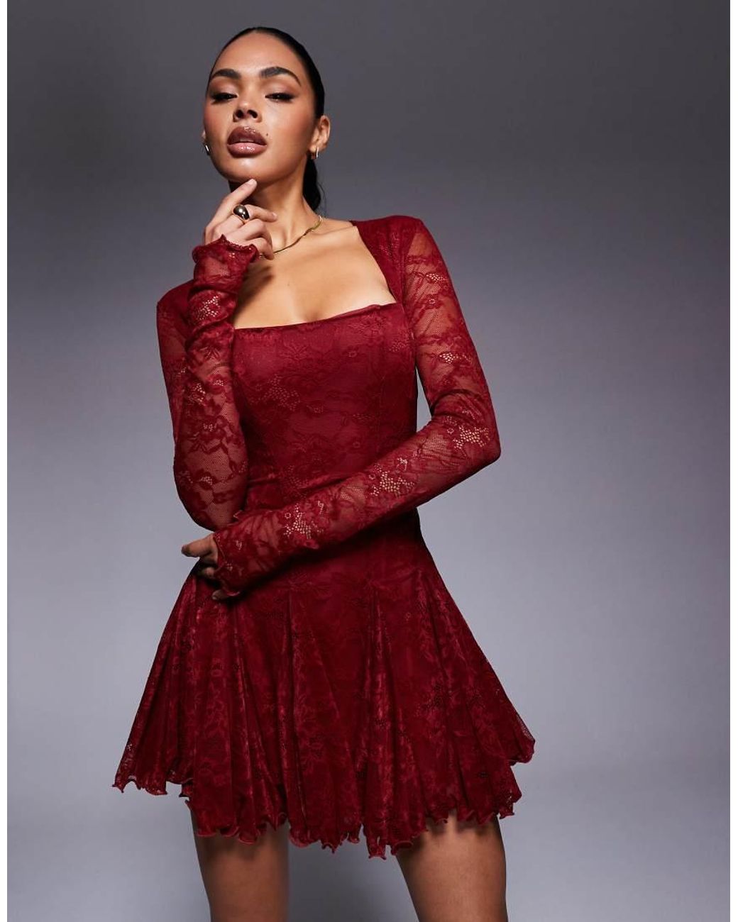 Murci Square Neck Long Sleeve Gathered Ruffle Hem Lace Mini Dress