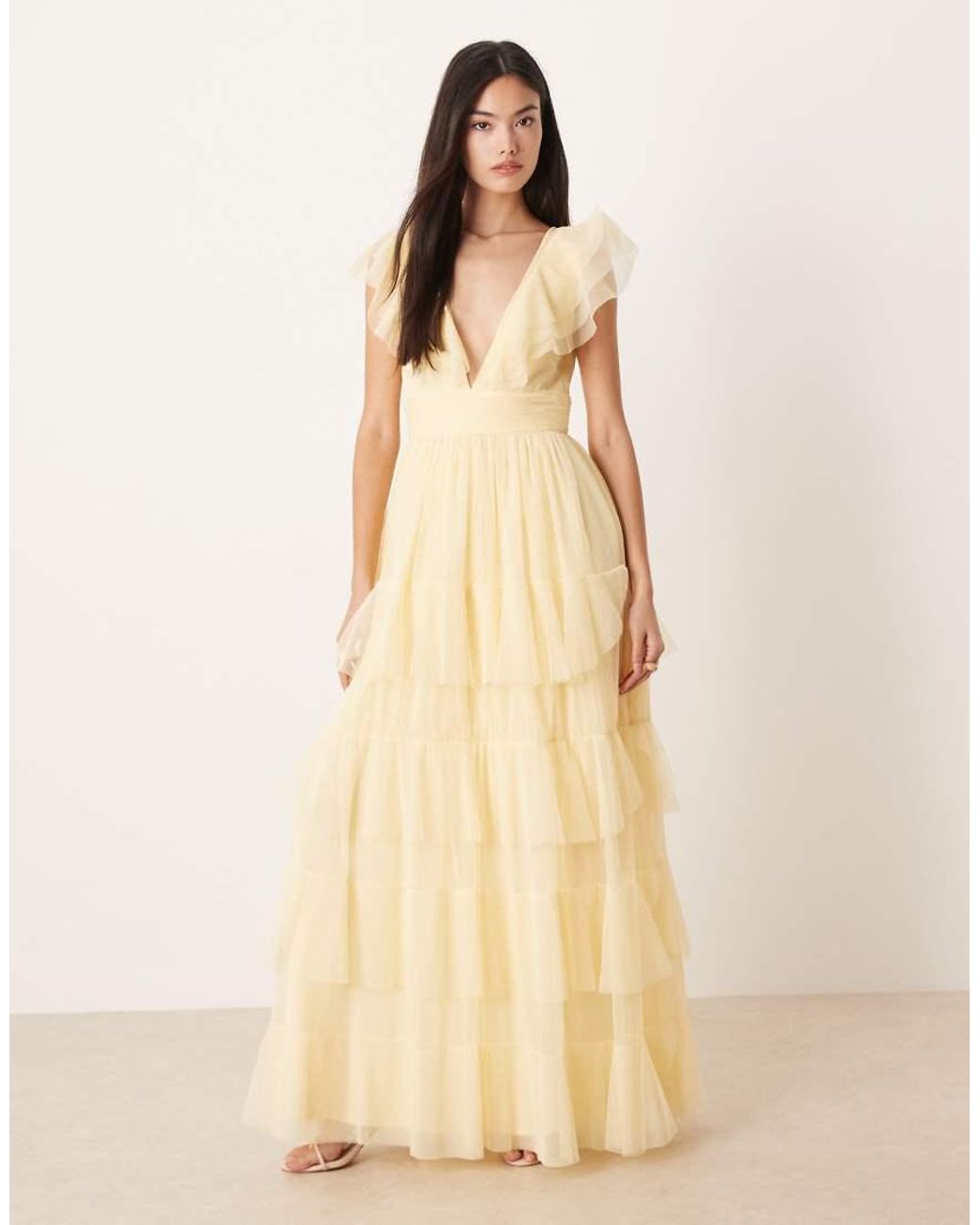 LACE & BEADS Natural Tulle Flutter Sleeve Tiered Frill Maxi Dress