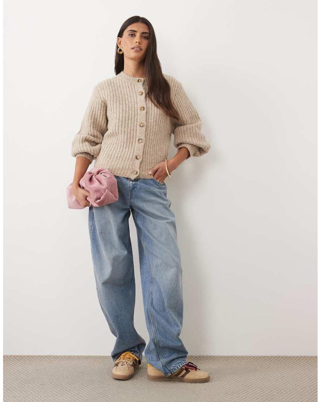 ASOS Brown Fisherman Rib Waisted Cardigan With Wool