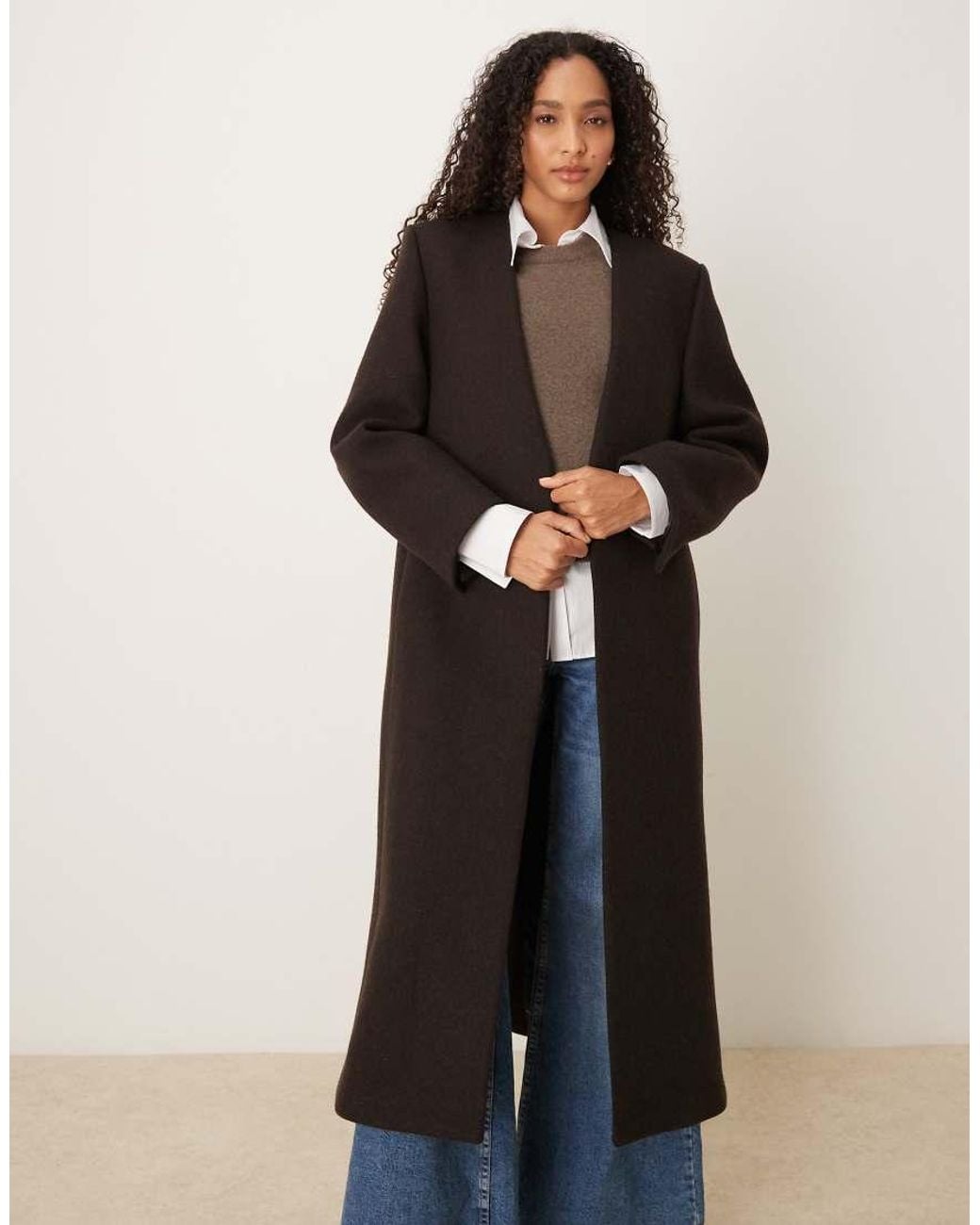Mango Brown Capsule Wool Mix Collarless Tailored Maxi Coat