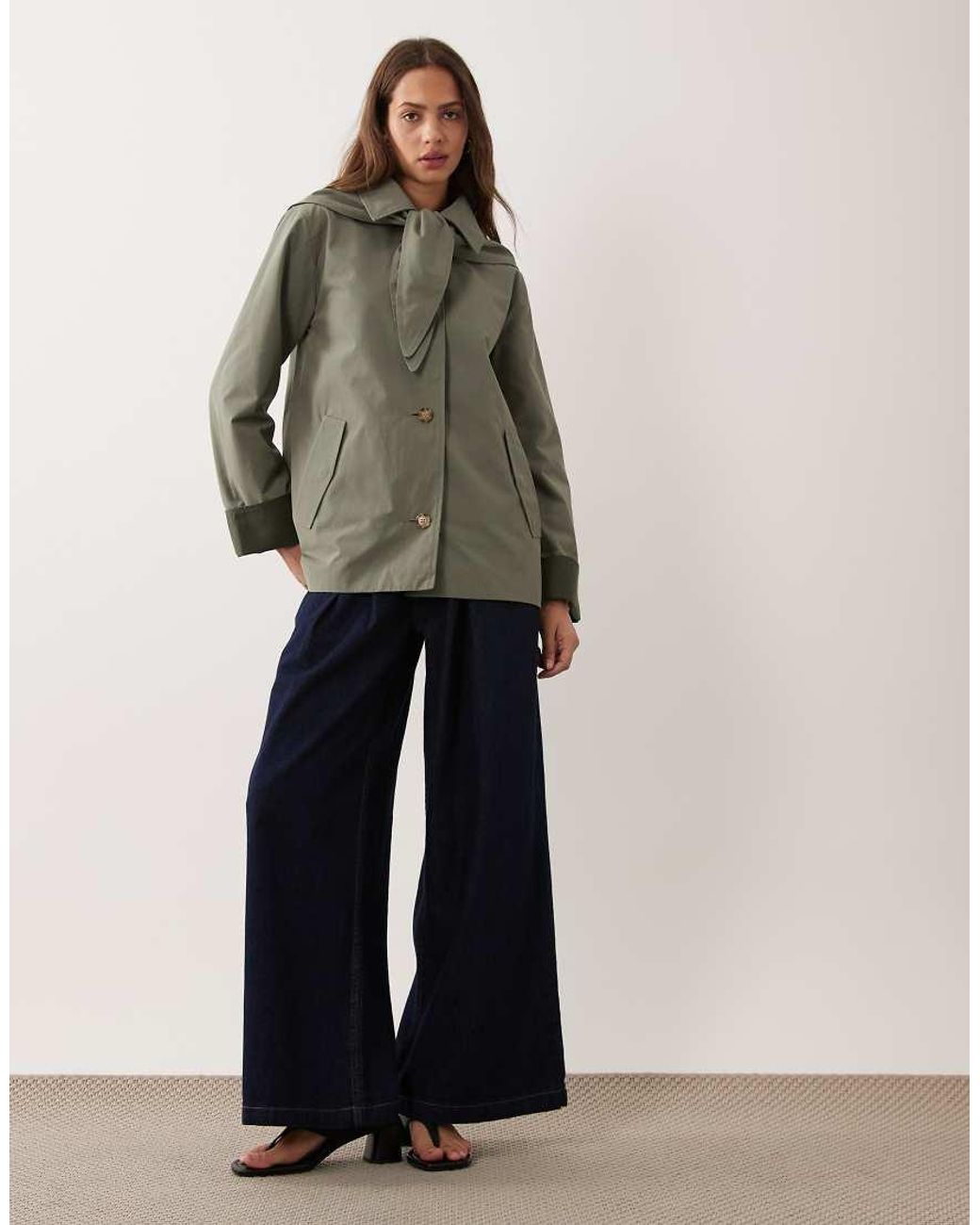 Abercrombie & Fitch Green A Line Cropped Trench Coat With Scarf Detail