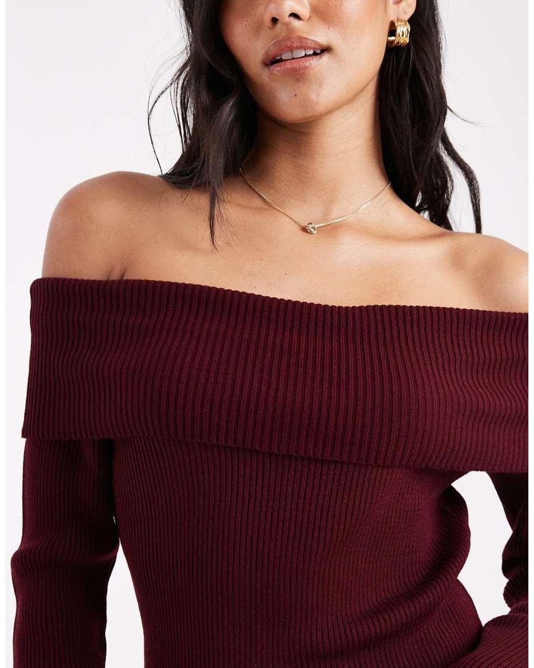 Miss Selfridge Red Ribbed Bardot Long Sleeve Knitted Top