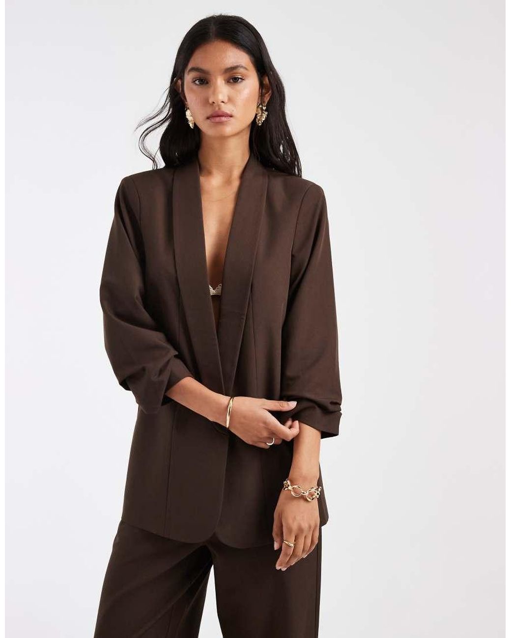 Pieces Brown Ruched Sleeve Tailored Blazer