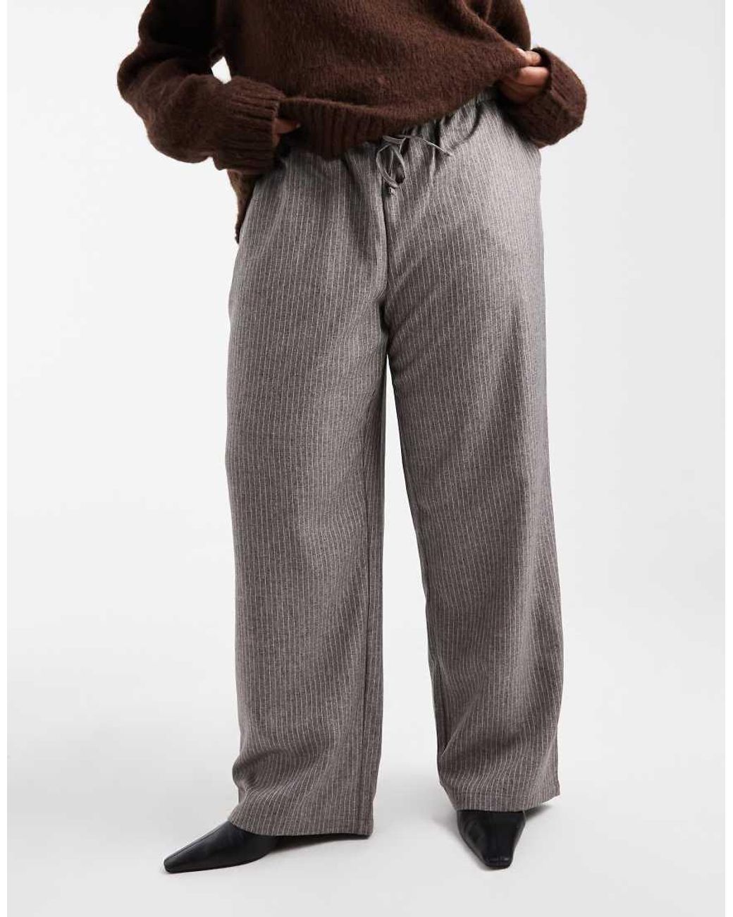 ONLY Brown Wide Leg Pinstripes Trousers