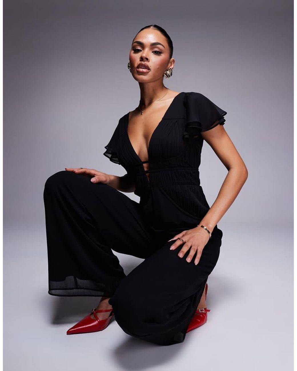 ASOS Blue Flutter Sleeve Ruched Wide Leg Jumpsuit