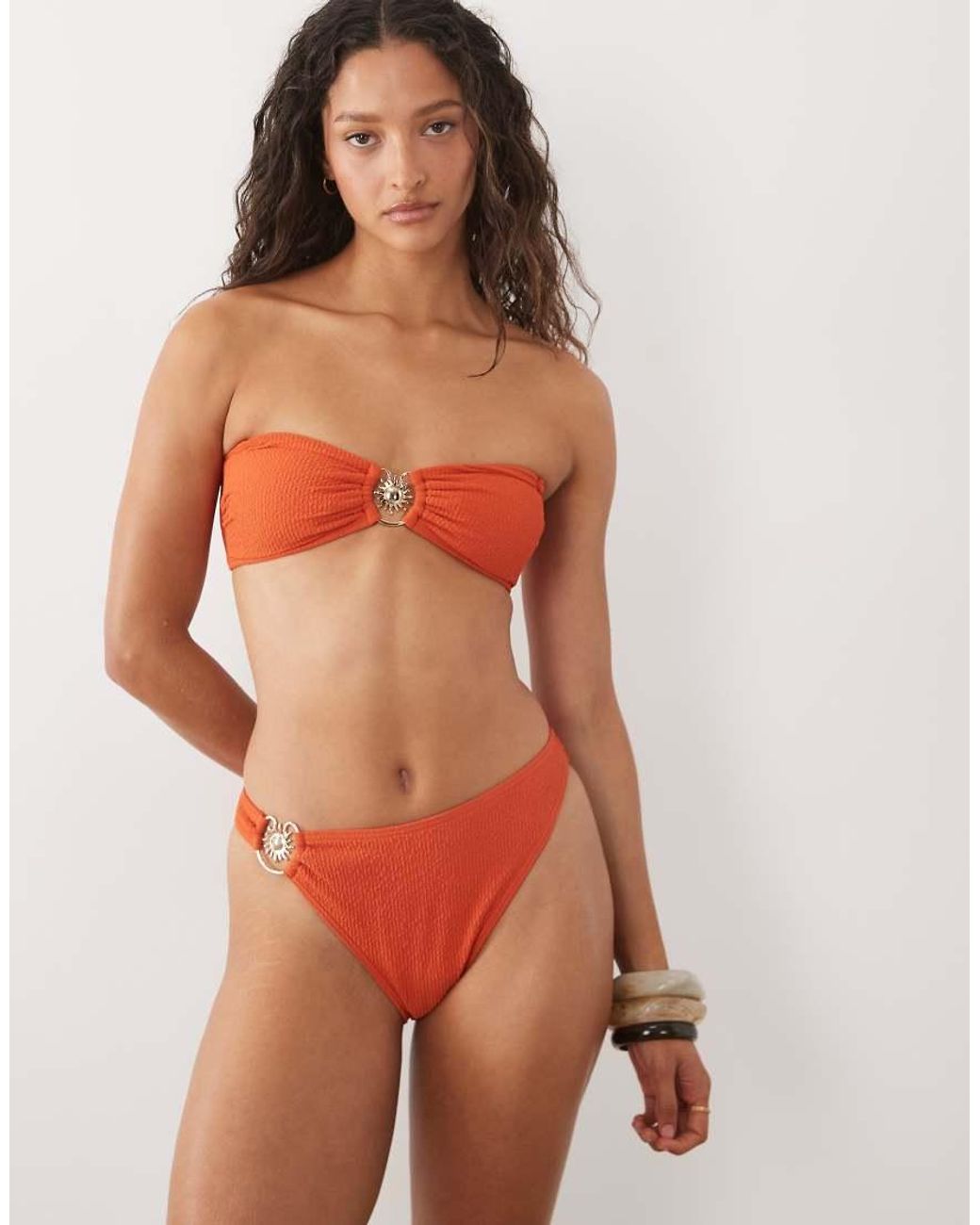 New Look Red Sun Trim Bandeau Crinkle Bikini Top