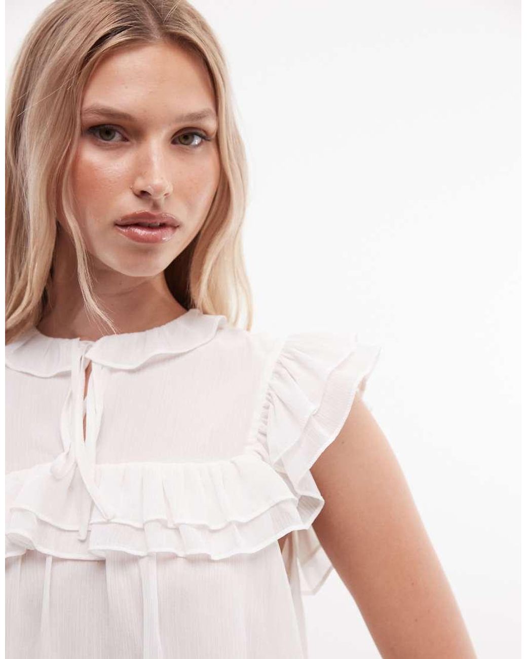 Monki White Organza Ruffle Babydoll Blouse